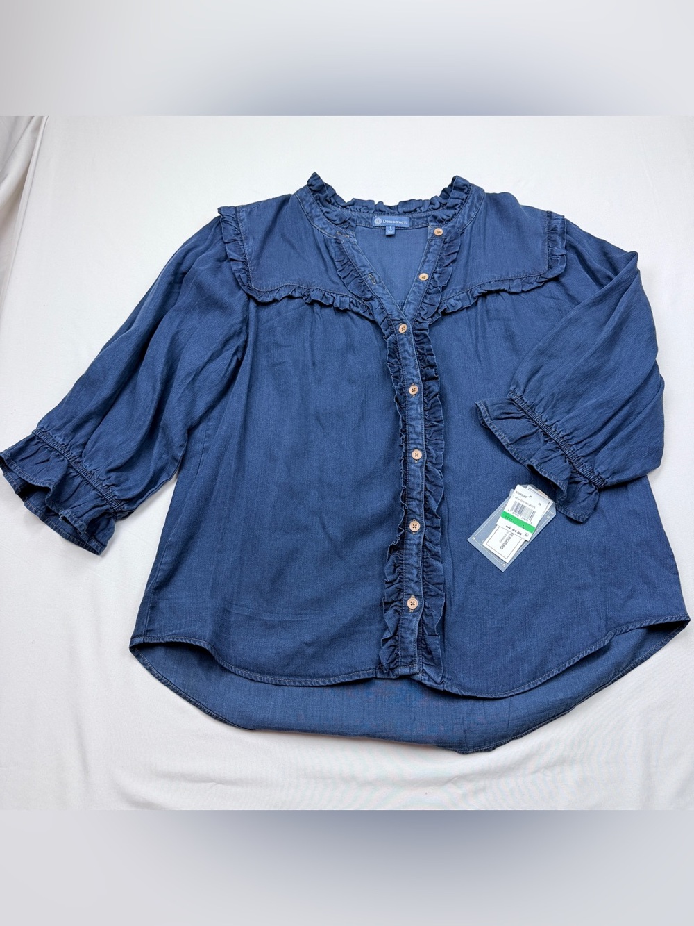 Democracy Navy Ruffle-Trim Button Front Blouse